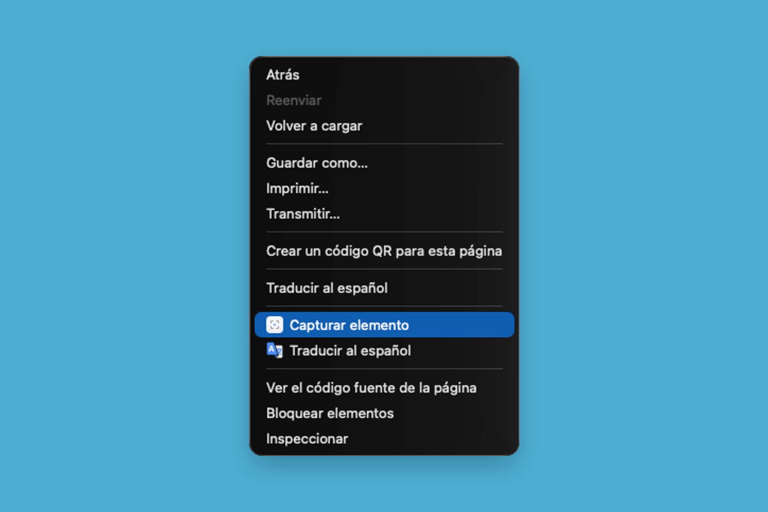 Menú contextual de Brave con la opción Capturar elemento de Grabby