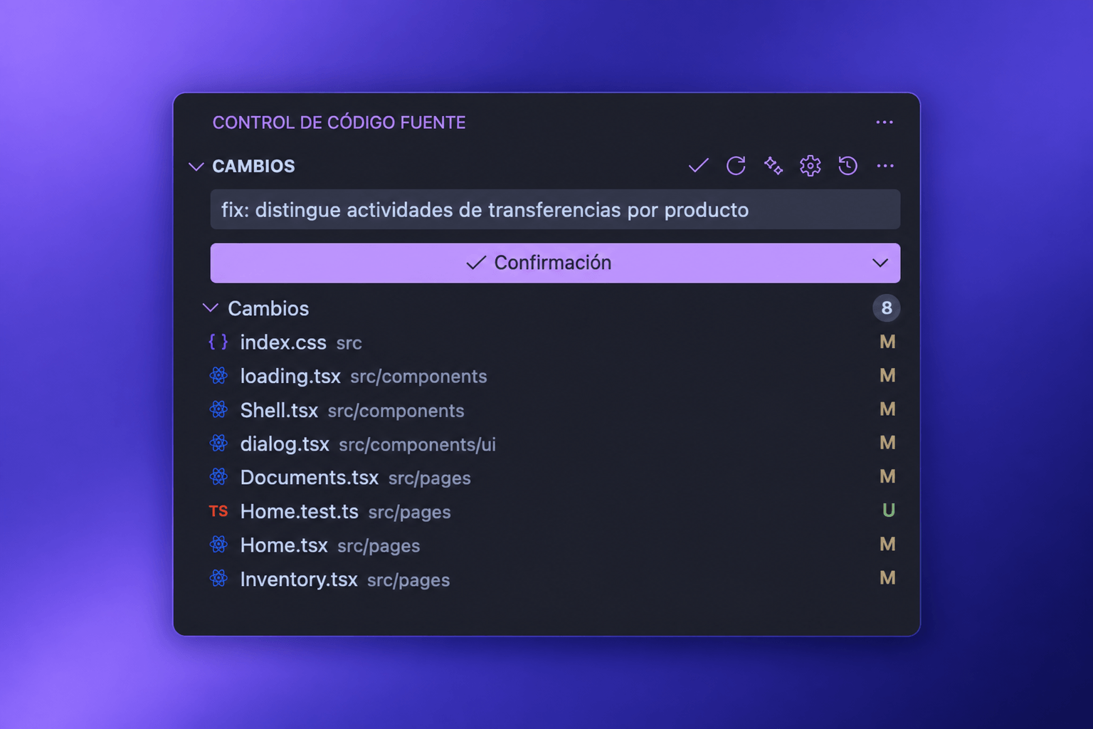 Driffly genera un mensaje de Conventional Commit en el panel de control de código fuente de VS Code